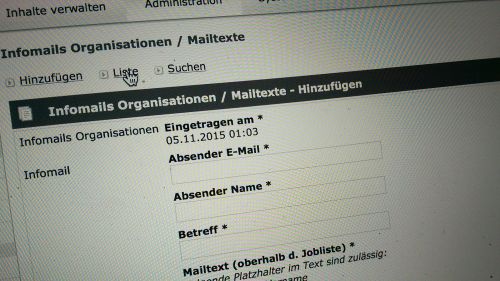 Screenshot: Mitteilungsystem / Newsletter an Organisationen im CMS © echonet communication GmbH